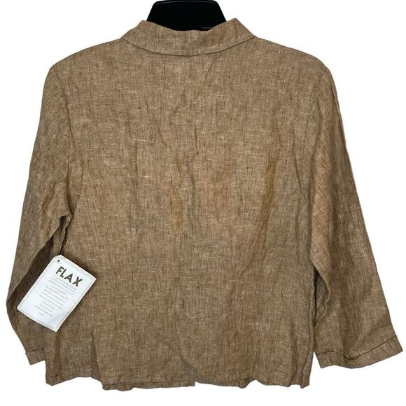 Flax Tan 100% Linen Lagenlook Button Front Cropped Shirt Petite - Picture 2 of 8